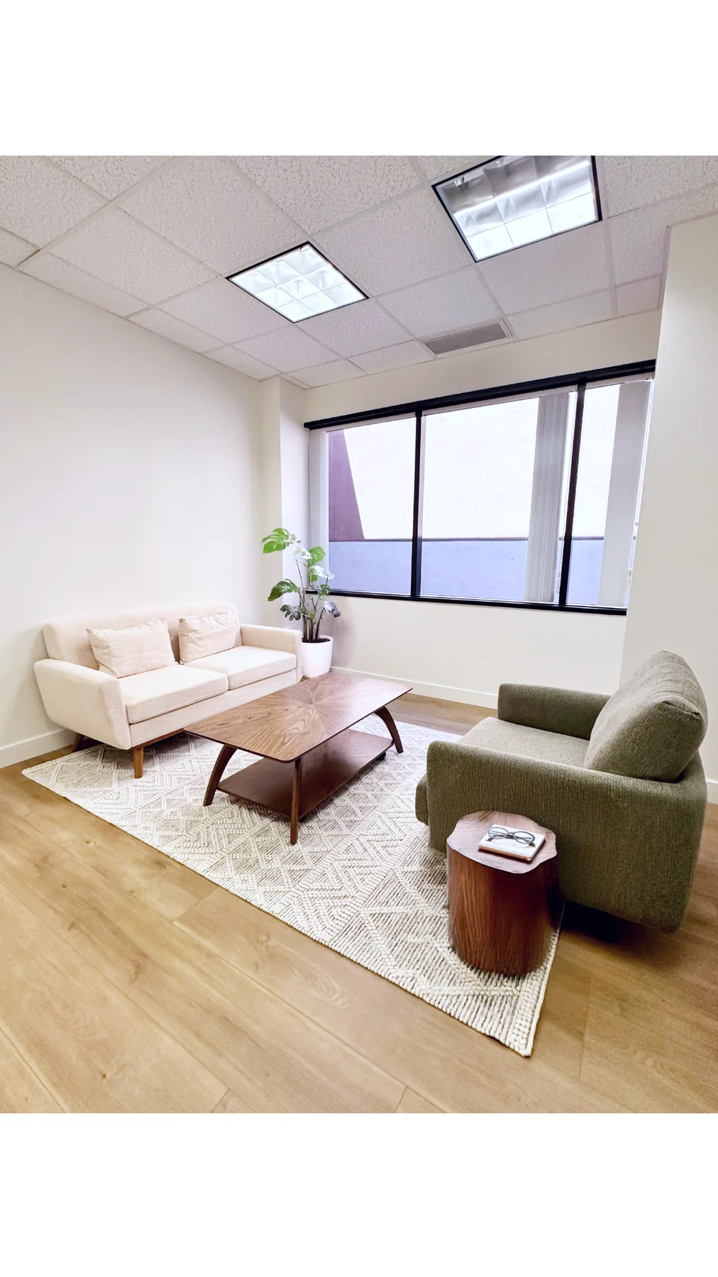 On-demand therapy office furnished with a sofa and armchair